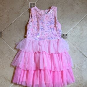 Pink Layered Tulle Dress with Floral Accents
